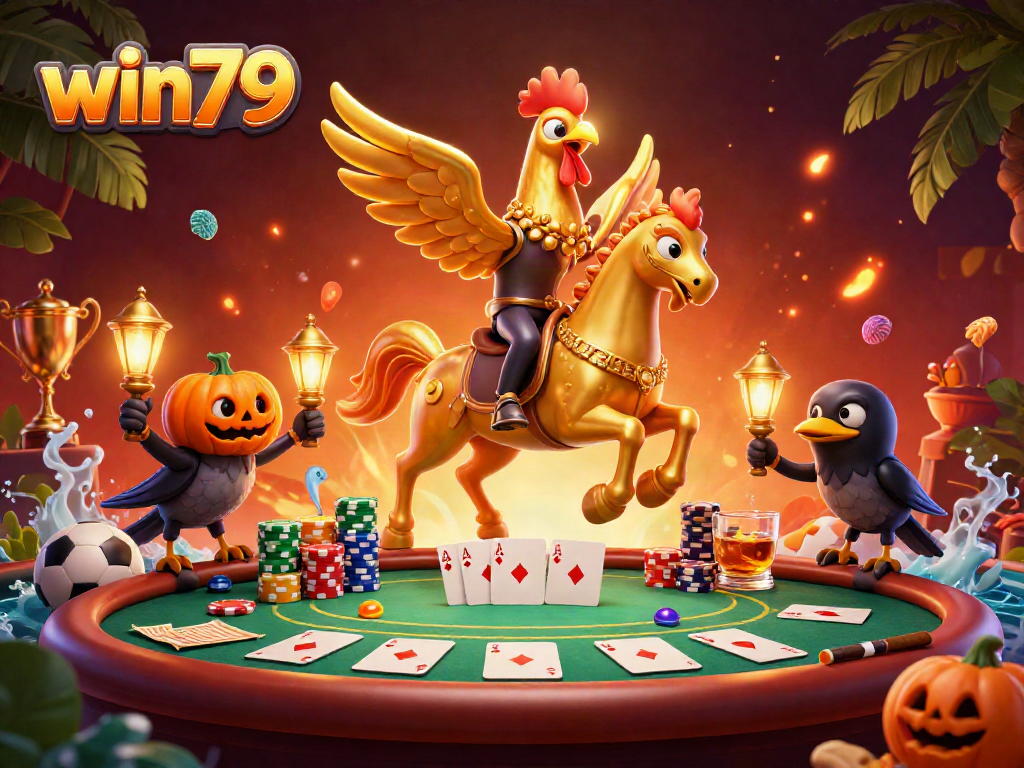 Experience the thrill of win79 sports betting illustrated with a golden rooster character in a vibrant casino.