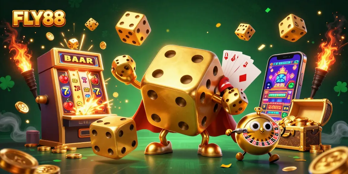 FLY88 captures excitement of gaming with a dynamic illustration full of playful casino elements.