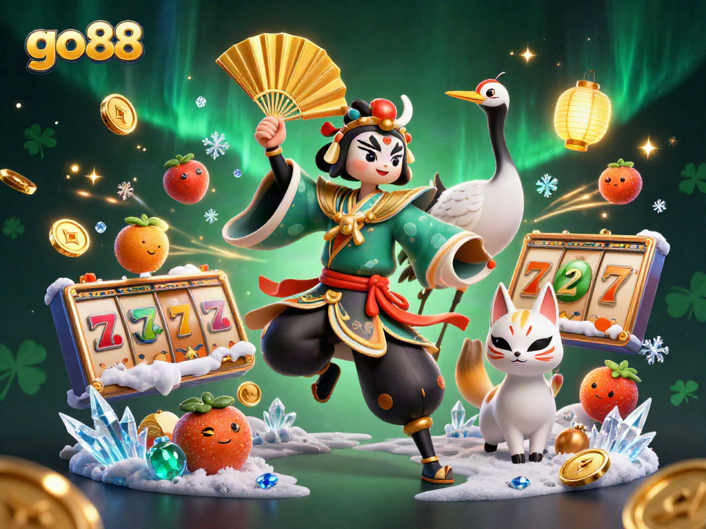 Experience thrilling gameplay with go88's vibrant casino scene featuring kabuki warriors and slot games.